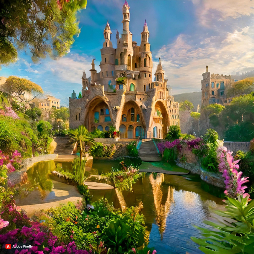 Gaudí's fanciful architecture, next to a pond, flower trees surrounding, trees and other buildings surrounding, a bright beautiful sunny day, cinematic, highly detailed, dreamscape